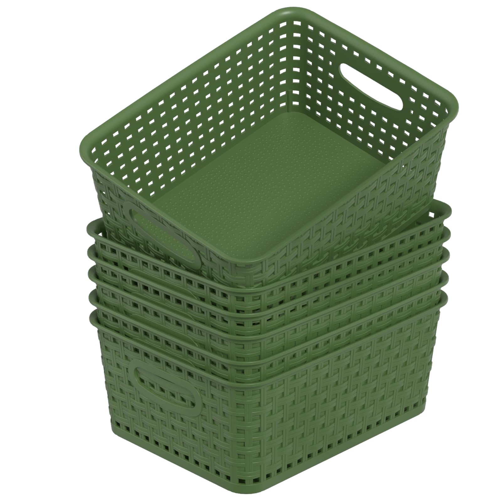 Tyminin 6-Pack Rectangular Weave Storage Baskets, Desktop Organizer Basket, Plastic Storage Baskets for Shelves, Green