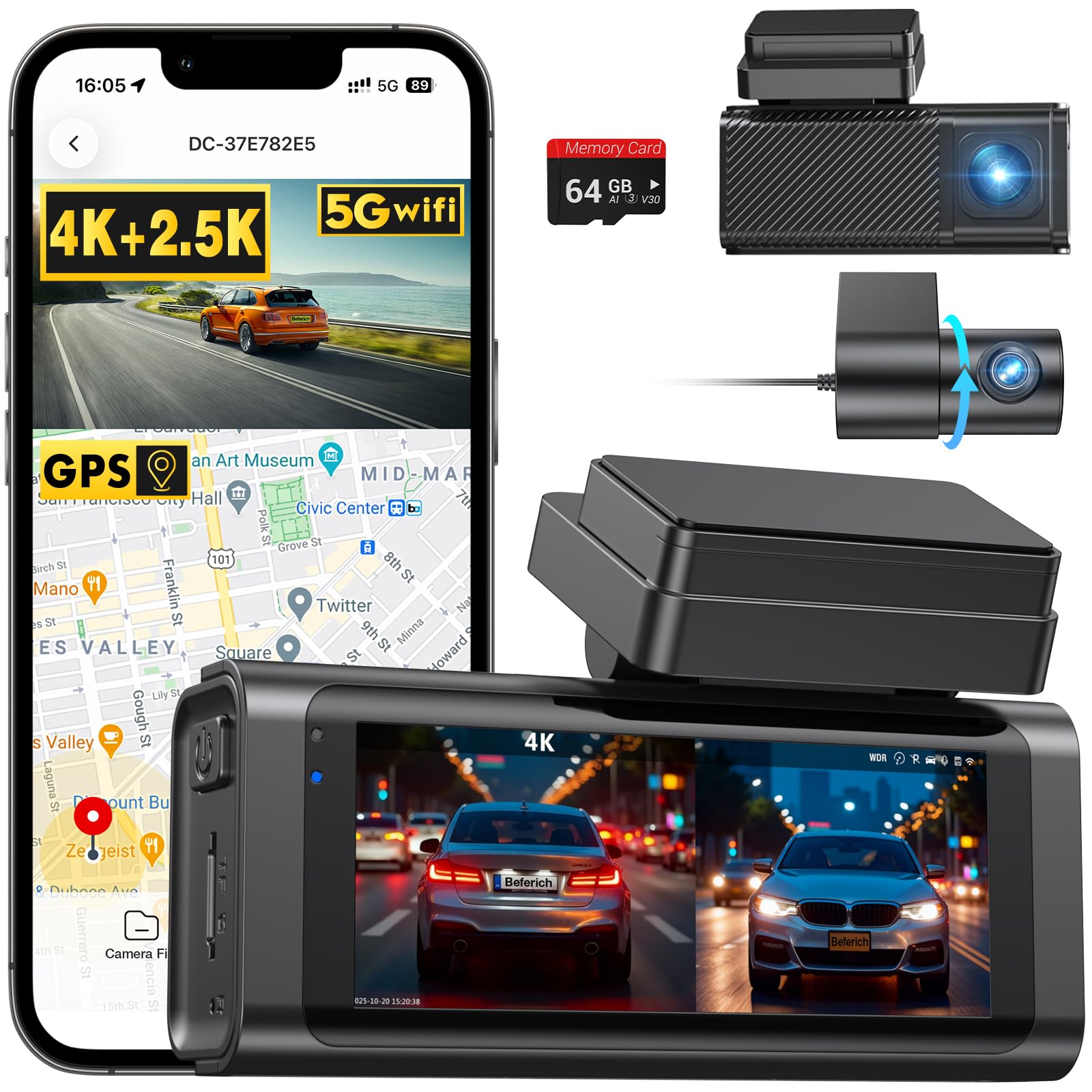 4K+2.5K Front Heck Dashcam mit 5,8 GHz WLAN & GPS Doppelkanal-Auto-Kamera, 3,16" IPS Bildschirm, Nachtsicht, 170° Weitwinkel, Parkschutzmodus, G-Sensor, Loop-Aufnahme – inkl. 64GB SD-Karte