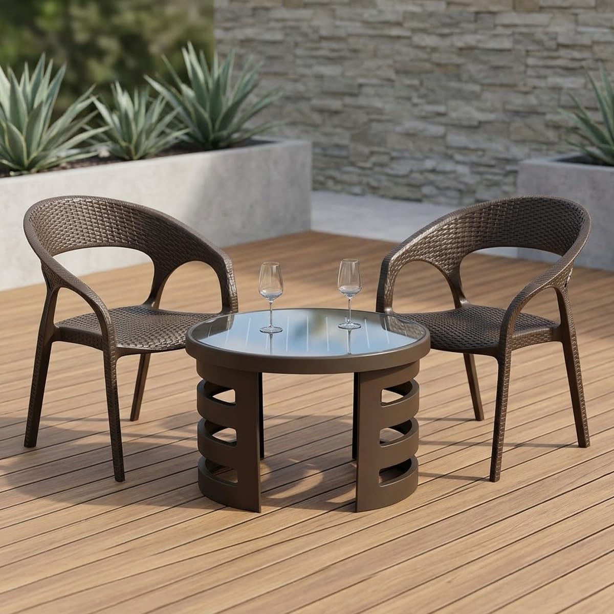 nilkamal club chair and mystique glass top coffee table set | 2 chairs and 1 table | plastic furniture set for indoor and outdoor use, balcony, garden, patio & living room | season rust brown