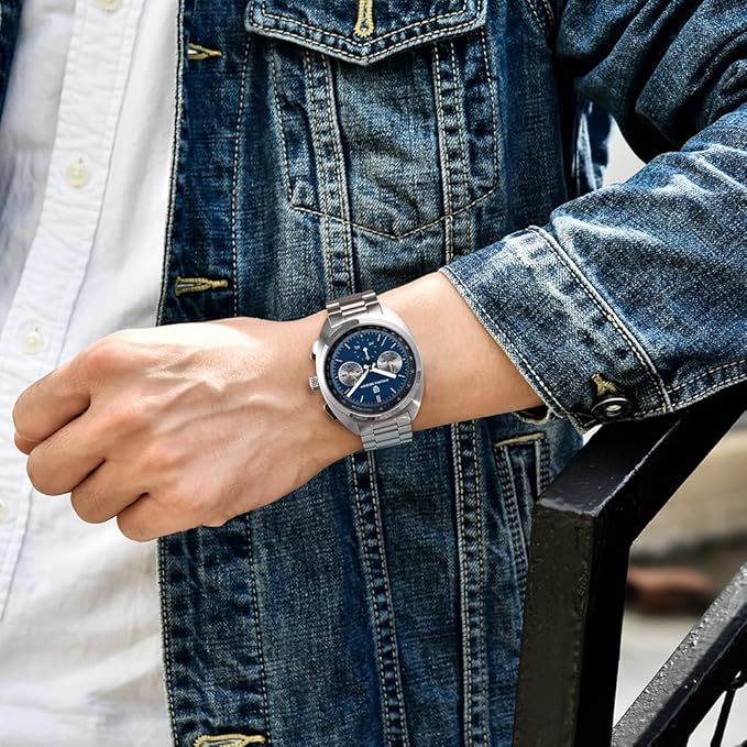 RollsTimi Orologio da Uomo Cronografo al Quarzo - Quadrante Vintage, Cinturino in Pelle, Sportivo in Acciaio Inossidabile (Blu Q-1782