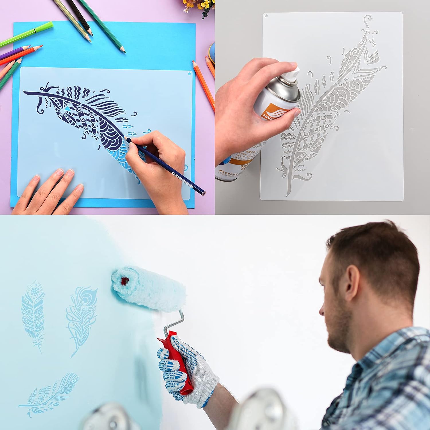6 Pieces Decorative Mandala Feather Stencil Reusable Mandala Painting Templates Beautiful Stencils for Painting Metal Open Ring for Painting on Wood Wall Decor