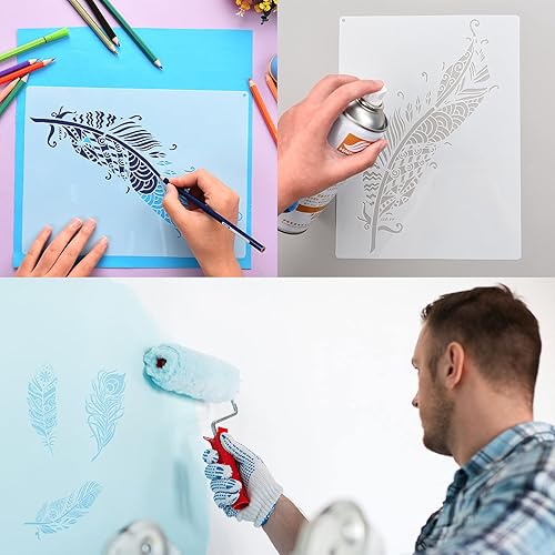 Miniatura 3 de 6 plantillas decorativas de plumas de mandala, hermosa plantilla de plumas de mandala, plantilla de pintura reutilizable y anillo abierto de metal