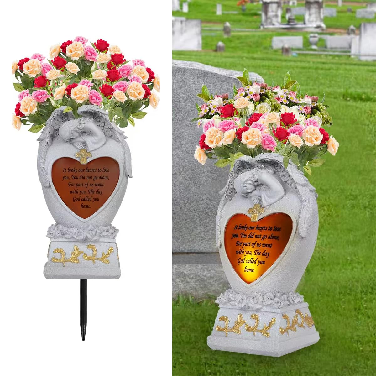 Angel Garden Statues Outdoor Decor,Cemetery vases for Grave,Decoration for Graves,Cemetery vase with led,Family Garden Memorial Statue Funeral Gift, Angels Solar Lights,Crying Angel (White)