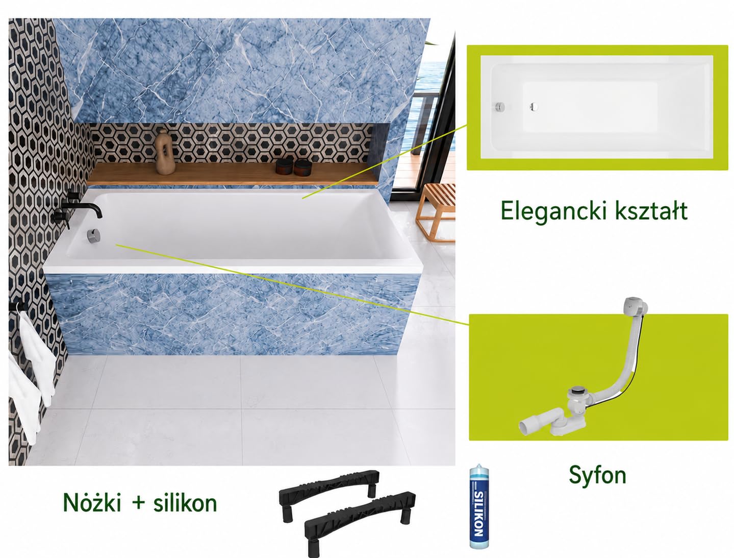 Wanna ECOLAM Savia 170x70 cm Nowoczesna prostokątna wanna akrylowa najwyższej jakości | Odpływ z silikonowymi nóżkami