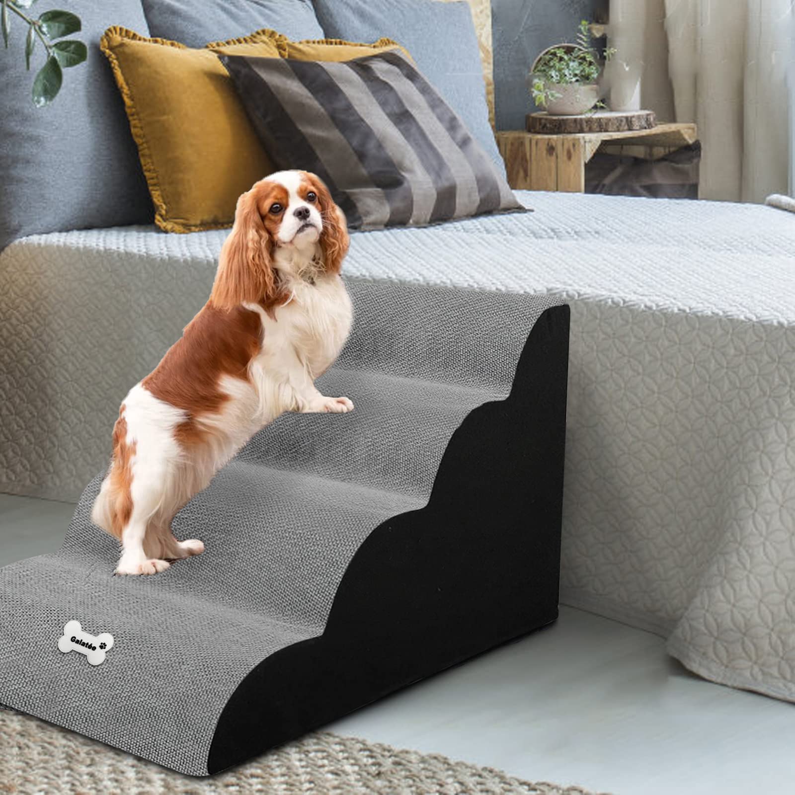 Galatée Escaleras Para Perros, Escaleras Para Mascotas De 4 Peldaños, Escalones Para Perros Para Sofá De Cama Alta Con Funda Lavable, Rampas Para Perros De Esponja De Alta Densidad(Negro)