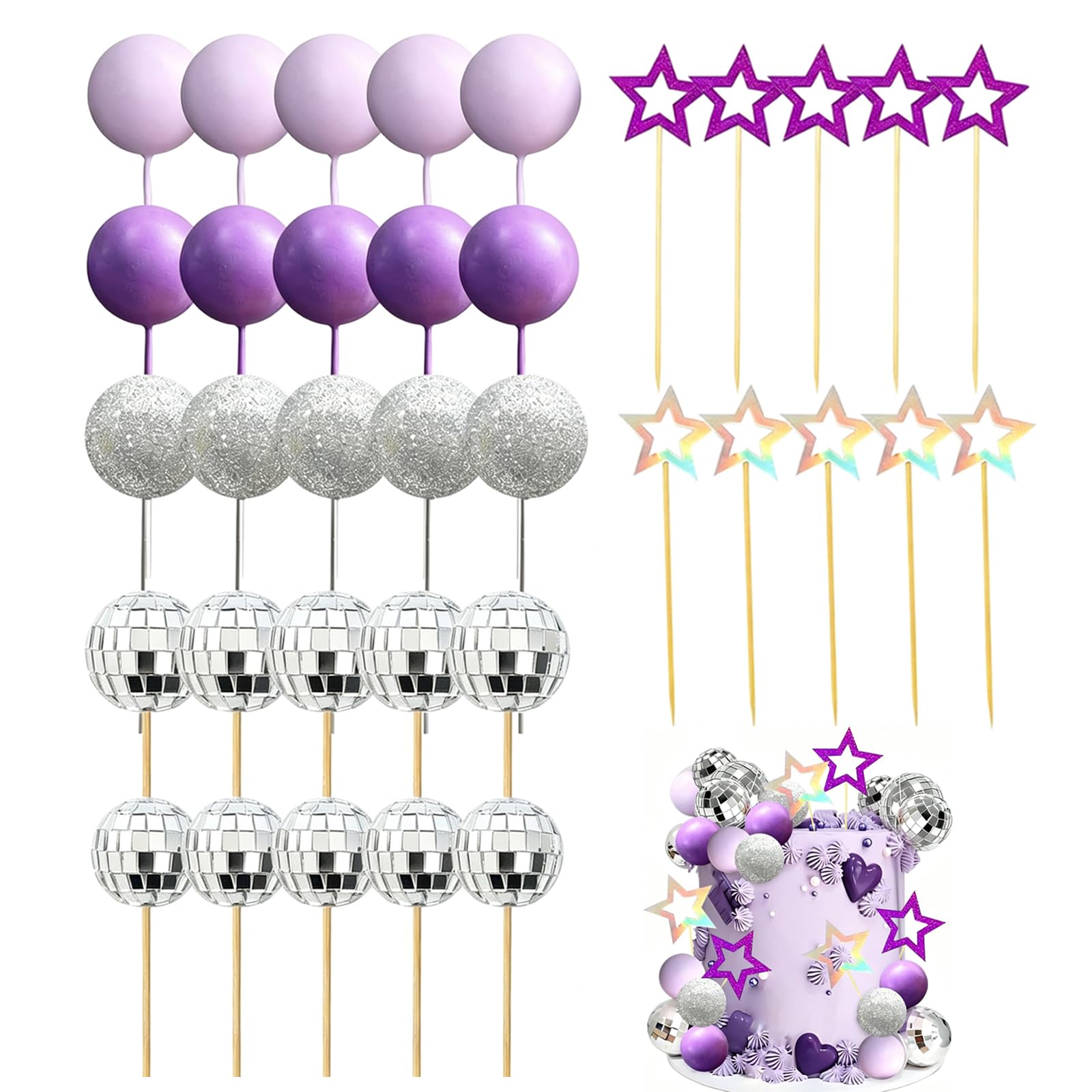 35 Pcs Disco Ball Cake Decorations, Purple and Silver Cake Toppers Set