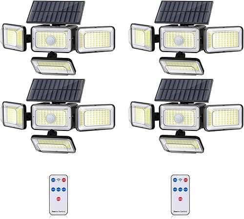 Mokot Luces solares para exteriores, IP65, impermeables, luces solares de seguridad para exteriores, 4 cabezales, 288 luces LED con sensor de