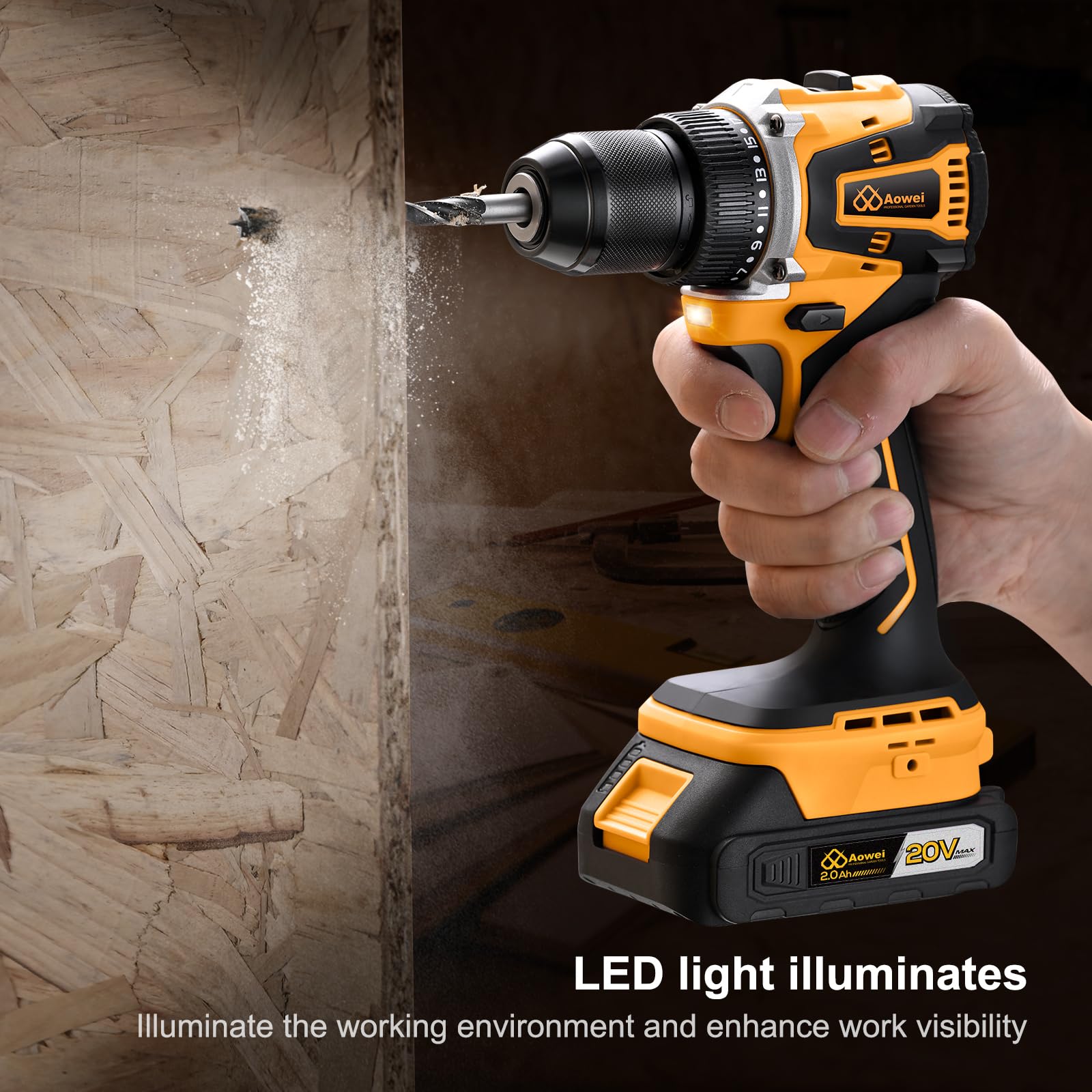 Kit trapano e cacciavite senza fili da 20 V con 2 batterie, coppia massima 40 Nm, cambio a 2 velocità, mandrino senza chiave da 3/8" e luce a LED per progetti fai da te domestici, set di trapano senza