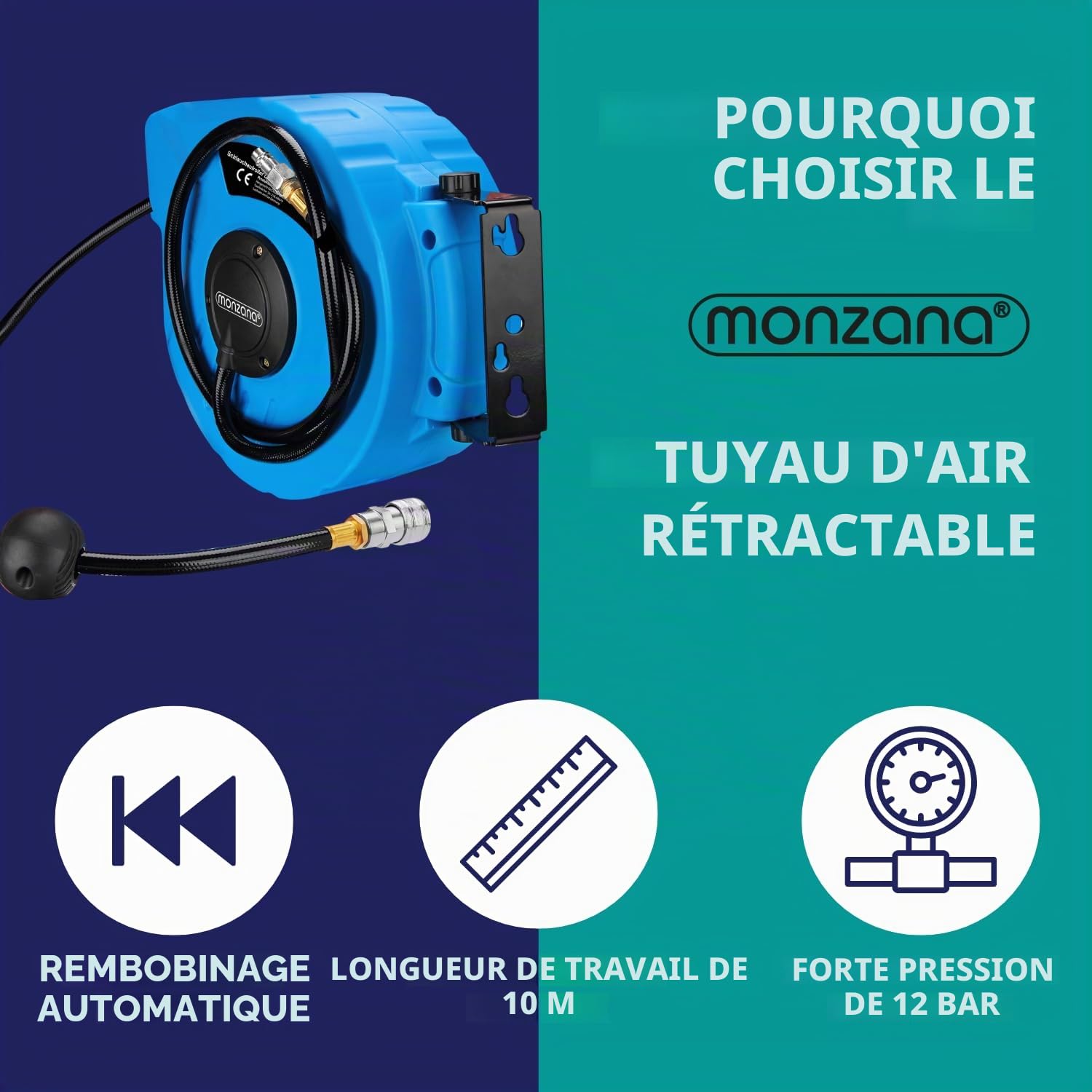 MONZANA® Enrouleur automatique de tuyau à air comprimé 10m+1m 12 bar raccord 1/4' Ø12mm dévidoir air comprimé tuyau pneumatique outil support mural 180°