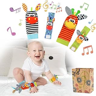 Surplex Baby Rattles Grasping Toys, Baby Toy Dolls - Wrist Rattle and Foot Finder Socks Cute Animals Toys Set for 1-12 Months Newborn Girls and Boys Gift