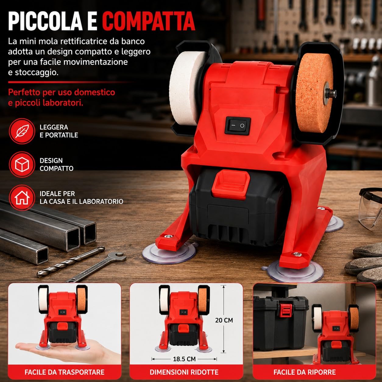 Mini Mola Smerigliatrice da Banco a Batteria con 2 Batterie M88 XC5.0 Doppia Pietra Abrasiva Ø70mm Motore 200W 5500 RPM Affilatrice da Banco Compatta per Lucidatura di Metallo, Legno e Gioielli