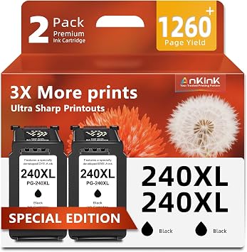 240XL Black Ink Cartridges Replacement for Canon 240 XL PG240 Ink Cartridge | Compatible with for MG3620 MG3600 TS5120 TS5100 MG3220 MG3520 MG2120 MX452 MX512 MX532 MX452 MX459 MX470 MX472Black, 2-Pack