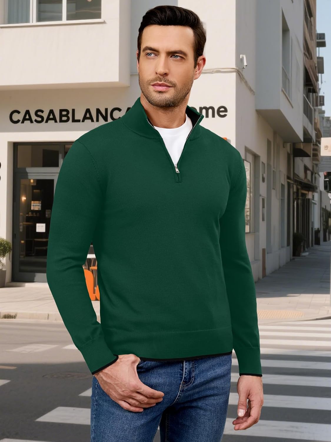 Auxo Mens Quarter Zip Pullover Sweater Long Sleeve Mock Neck Casual Slim Fit Knit Polo Sweaters - Image 5