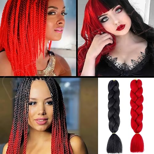 Miniatura 4 de MDRTIRIM Cabello trenzado de color liso, sintético, jumbo, rojo y negro, extensiones preestiradas, fibra resistente a altas temperaturas, pelo