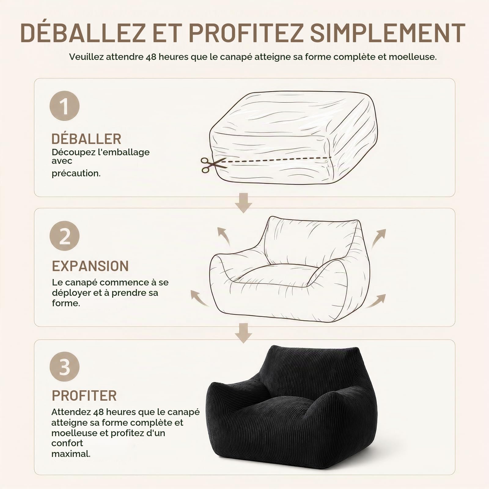 Pouf pour adultes rembourré en velours côtelé avec dossier, grand fauteuil pour jeux vidéo et chaise de sol pour salon, chambre à coucher et chambre d'adolescent, 80 x 73 x 80 cm, couleur noire