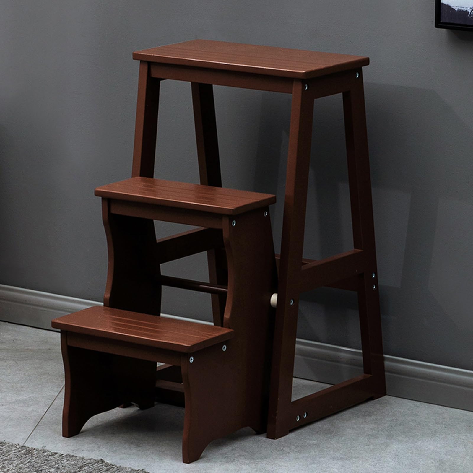 ZGYOZMNG Wooden Folding Library Ladder Chair, 3 Step Solid Wood Folding Ladder Chair, Protable Wooden Step Stool, Display Ladder And Storage Shelf, for Home, Household Work (Color : Brown) (Brown)