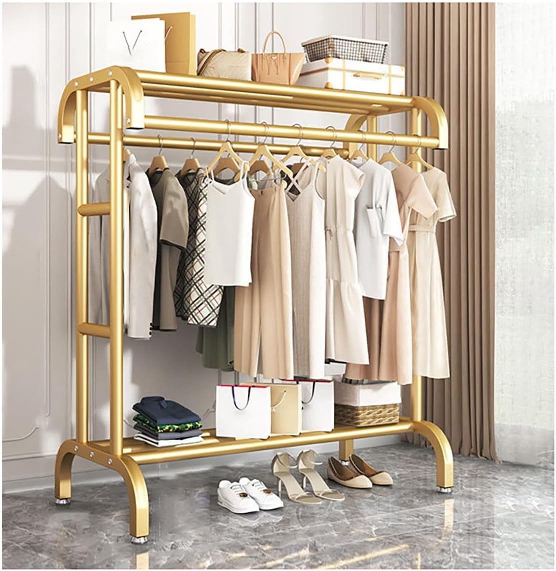 MYUYEE Metal Clothes Rack Coat Rack With Double Rails Open Wardrobe Freestanding Clothes Rail With Storage Compartment For Bedroom, Living Room(120Cm Gold-Gold)