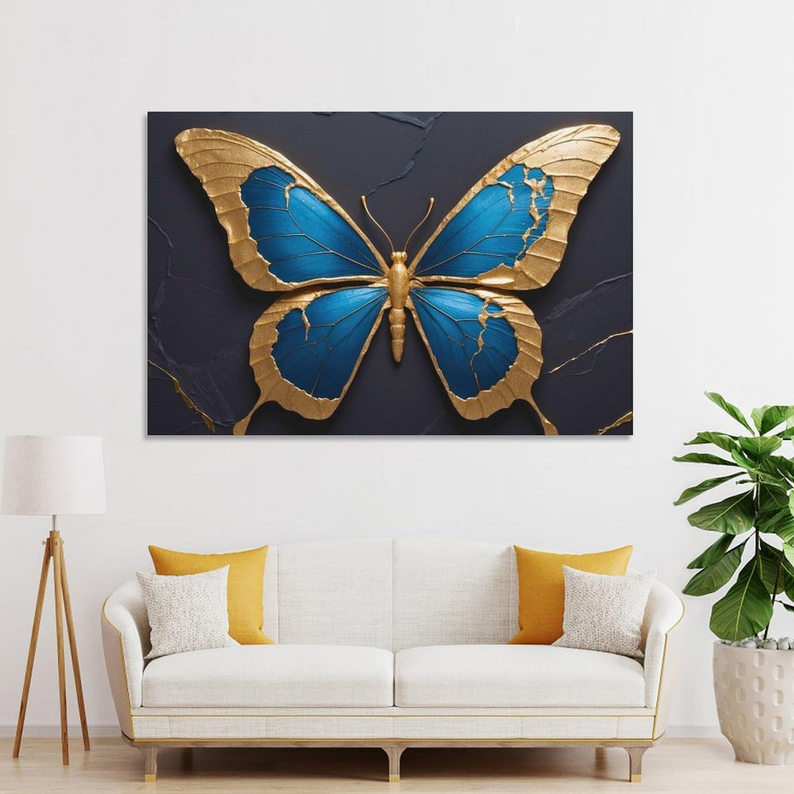 Junmoney Canvas Wall Decor Blue And Gold Butterfly on Dark Background, 20x30inch(50x75cm), for Lounge Decor, Bedroom Walls Or Flats, Eye Catching Artwork for Blank Walls