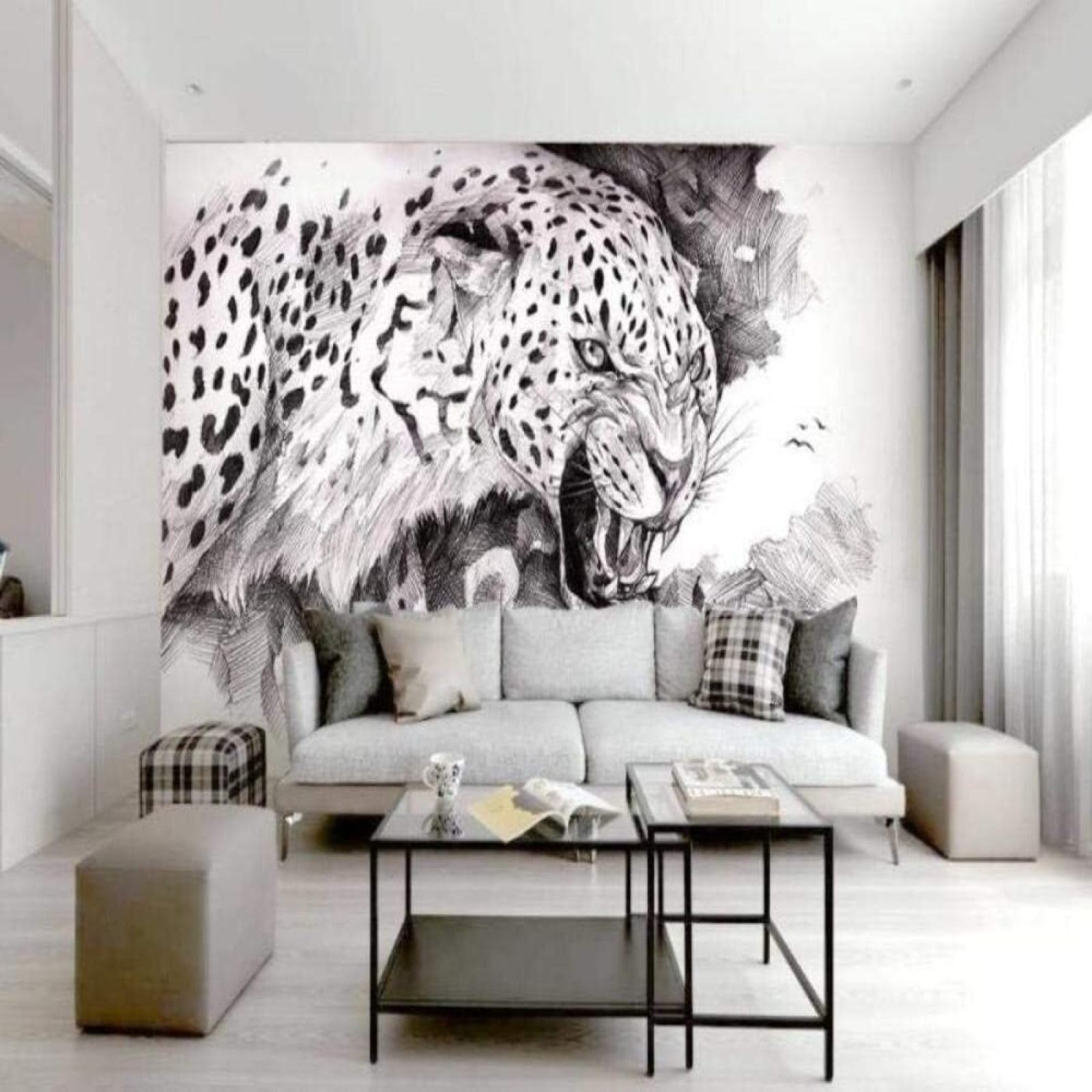 Papel pintado 3D de leopardo enfadado XLMING blanco y negro para pared de salón 200x140cm