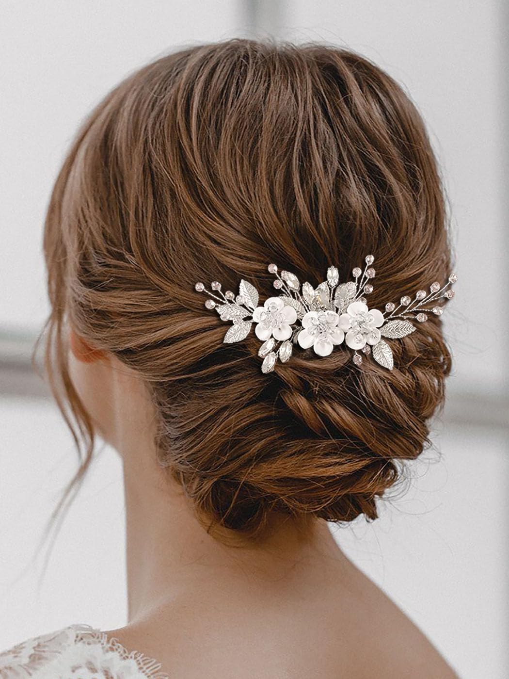 Pettinino per capelli da sposa con fiori argentati e cristalli, accessorio per capelli per donne e ragazze