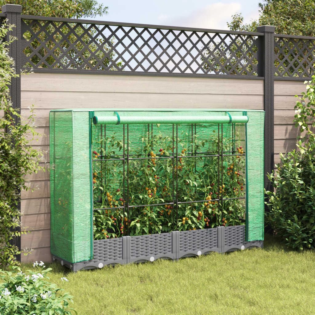 Homgoday Hochbeet mit Gewächshaus-Aufsatz Pflanzkasten Gemüsebeet Blumenbeet Blumenkasten Gartenbeet Pflanzbeet Frühbeet für Balkon Garten Terrasse Rattan-Optik 160x40x123 cm Hellgrau