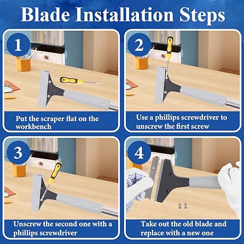 Miniatura 9 de Rascador de piso de hoja de afeitar de 4 pulgadas con mango largo, rascador de piso ajustable de 61 pulgadas, resistente con 10 cuchillas de metal