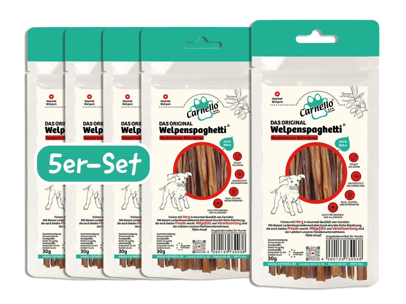 Carnello Welpenspaghetti – Leckerli für kleine Hunde, getreidefreier Hundesnack – Wiederverschließbarer Beutel (5 x 30g)