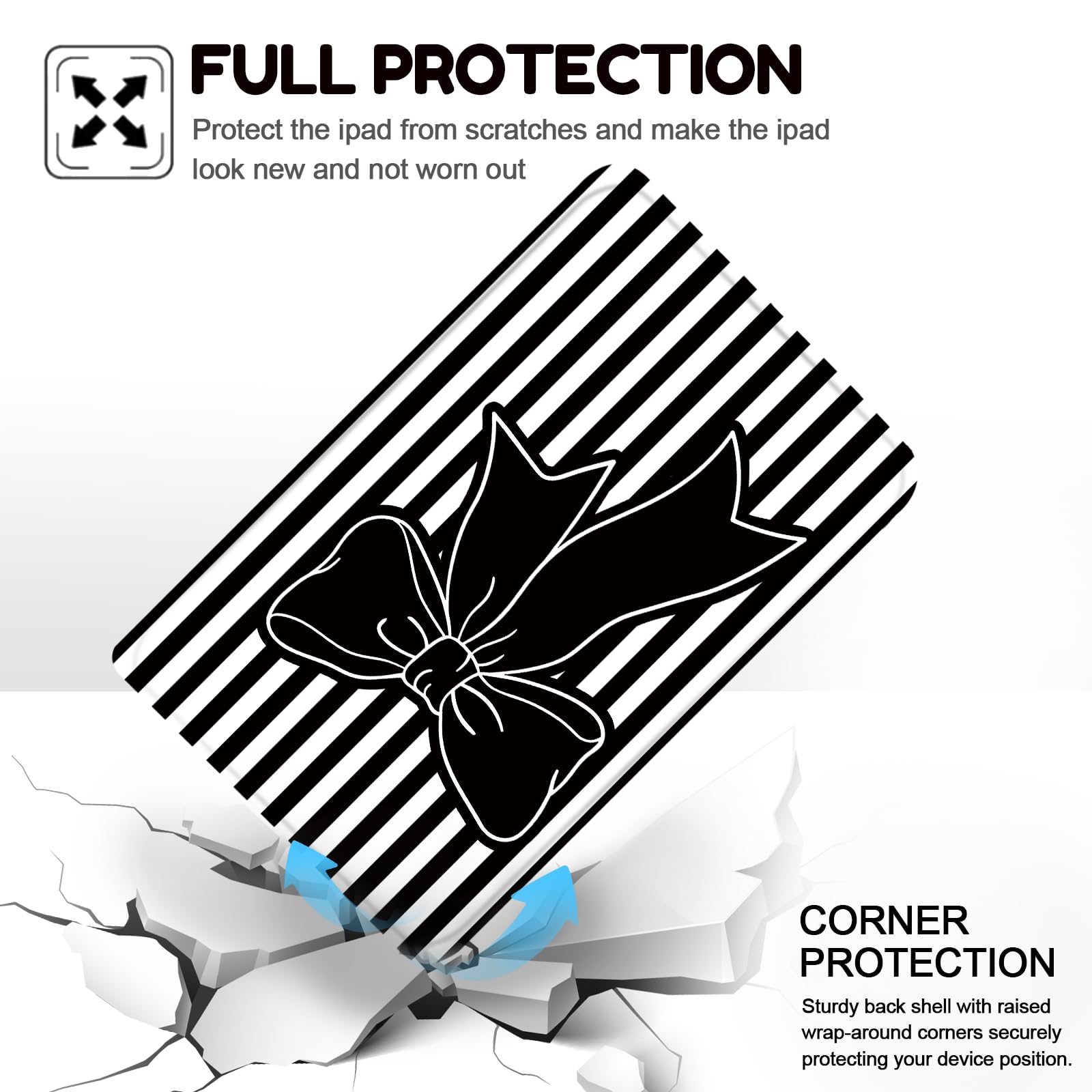 Lyfatz Custodia per iPad 11a (A16) 11" 2025 / 10a generazione 11" 2022, fiocco a righe bianche nere carine eleganti chic adorabili protettive con portapenne, antiscivolo, antiurto, fiocco nero
