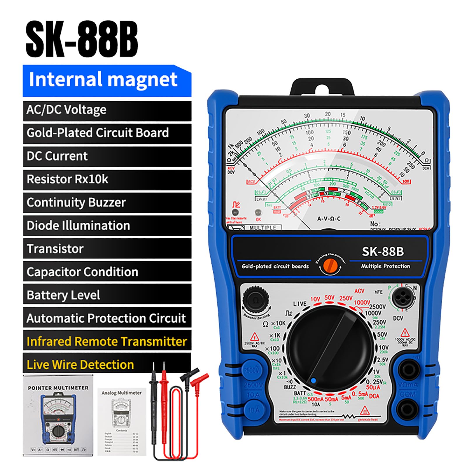 Asixxsix Multimetro con Puntatore Analogico 10 IN 1, Misuratore Ad Ago Ad Alta sensibilità, Tensione CA/CC, Corrente CC, Resistenza Rx10K, Stato Condensatore, Livello Batteria (SK-88B)