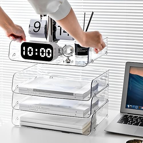 Miniatura 4 de Gagee Paquete de 4 organizadores de papel para escritorio, bandeja de papel apilable para aula, oficina y más, organizador de escritorio con bandeja