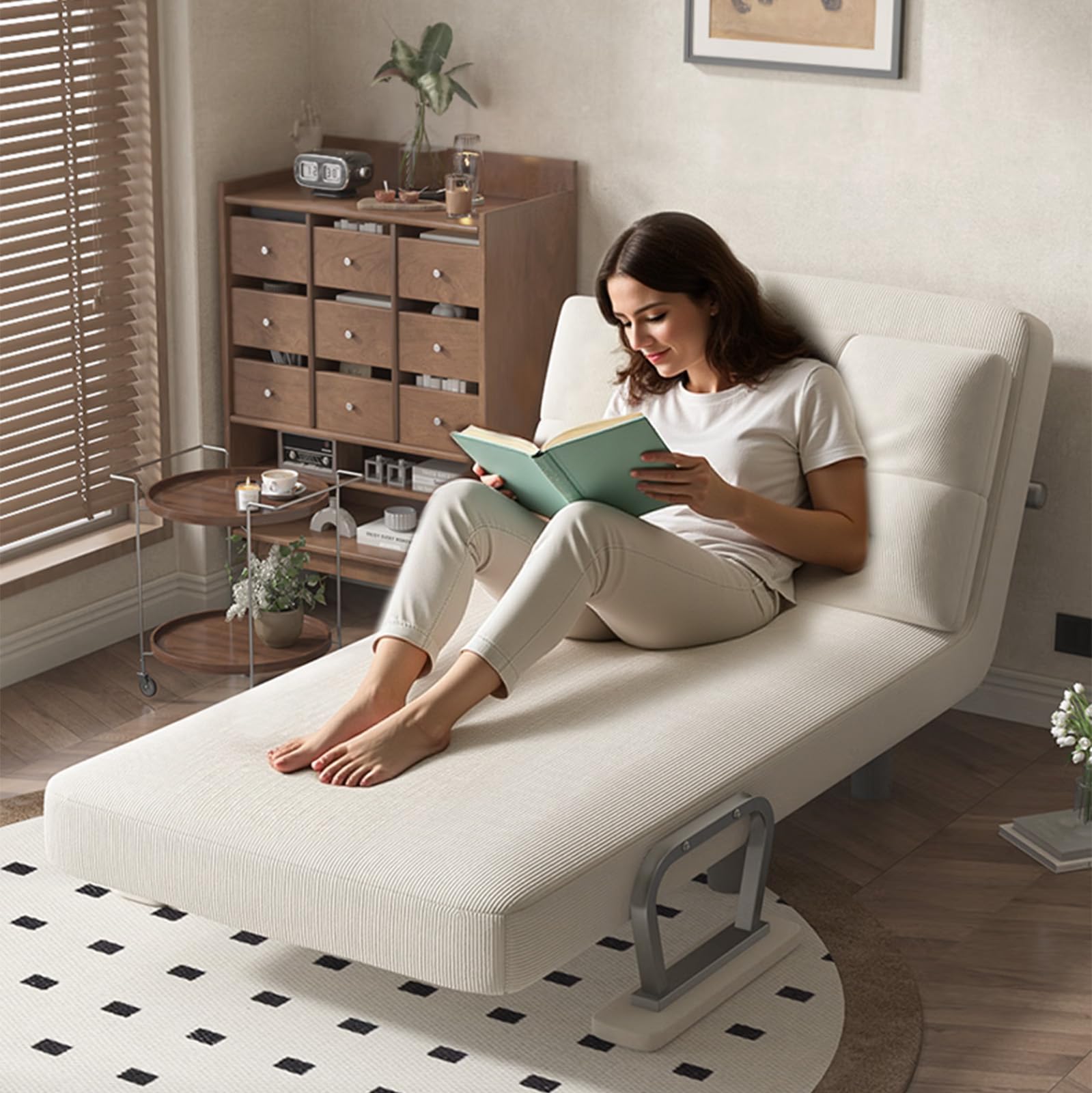 Fabulcozy - Calentador de Sofá Cama, Sillón Convertible de 1 Plaza, Gran Comodidad Desmontable con Cojín, Apoyabrazos de Metal y Patas (Blanco Roto)