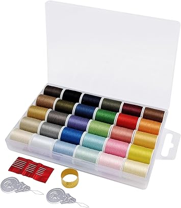 Polyester Sewing Thread Set - 30 Assorted Colors, 50 Yards per Mini Thread Spool, Sewing Kit Includes 5 Large Eye Hand Needles, 2 Needle Threader, 1 Thimble, Suitable for Hand and Machine Sewing