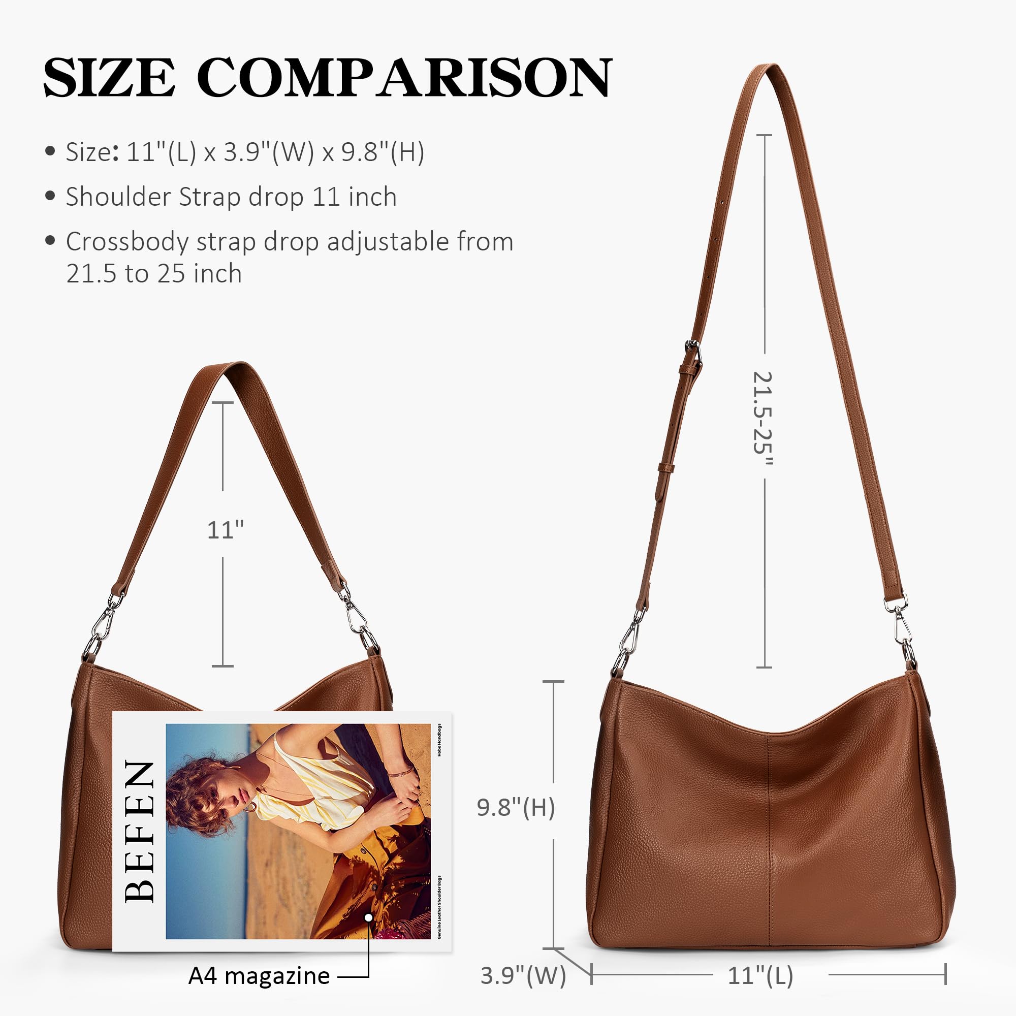 befen Sac à Main pour Femme en Cuir Véritable, Sac Cabas Hobo Souple, Sac à Bandoulière Femme, Taille Moyenne avec 2 Bandoulières - Simple, Classique, élégant