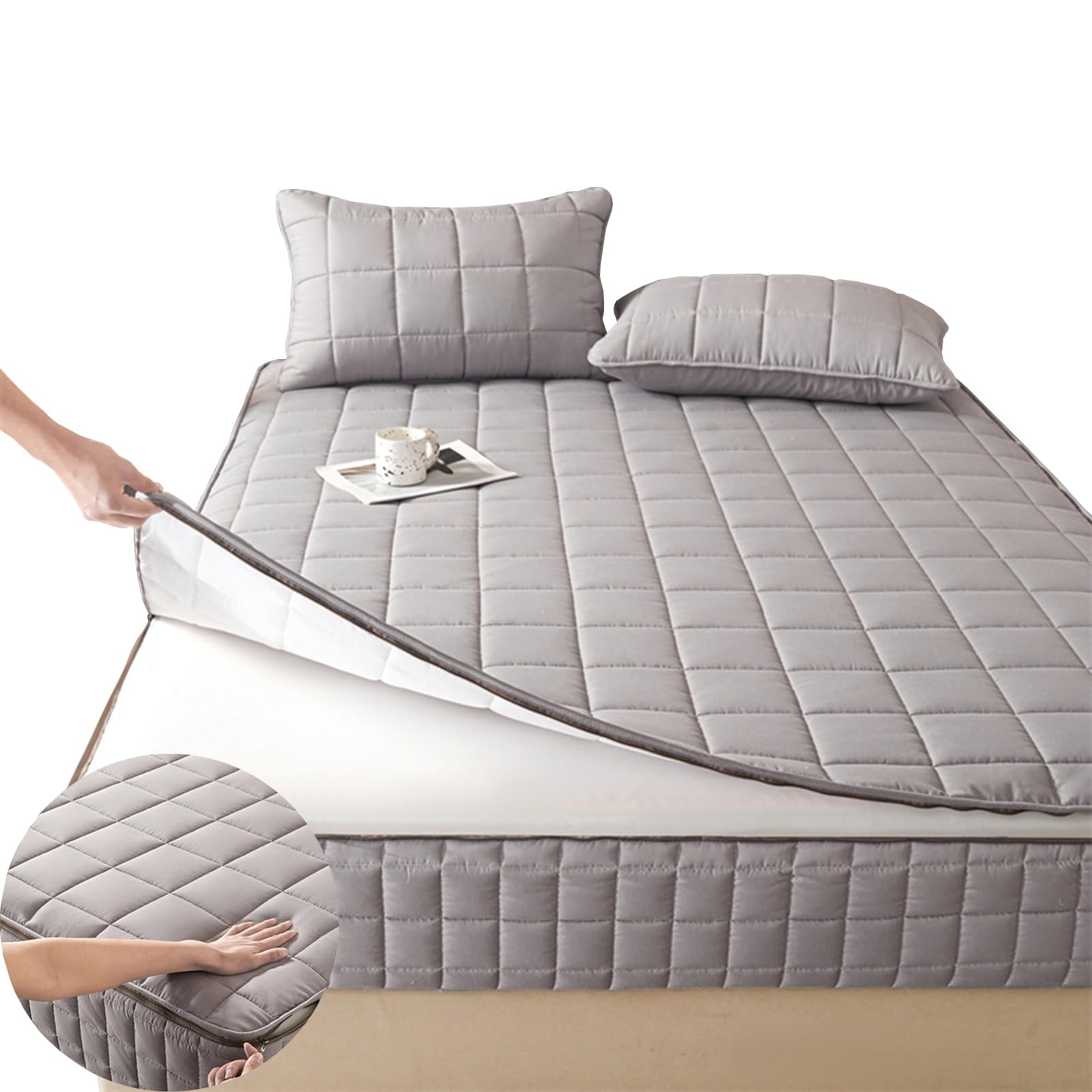 Housse de Matelas Integrale 80/130/140/160/170 Couvre/Protège Matelas avec Fermeture éclair Housse de Protection Matelas Matelassé à Cinq Côtés Amovible Draps Housse Demenagement(90X190+15cm,A)