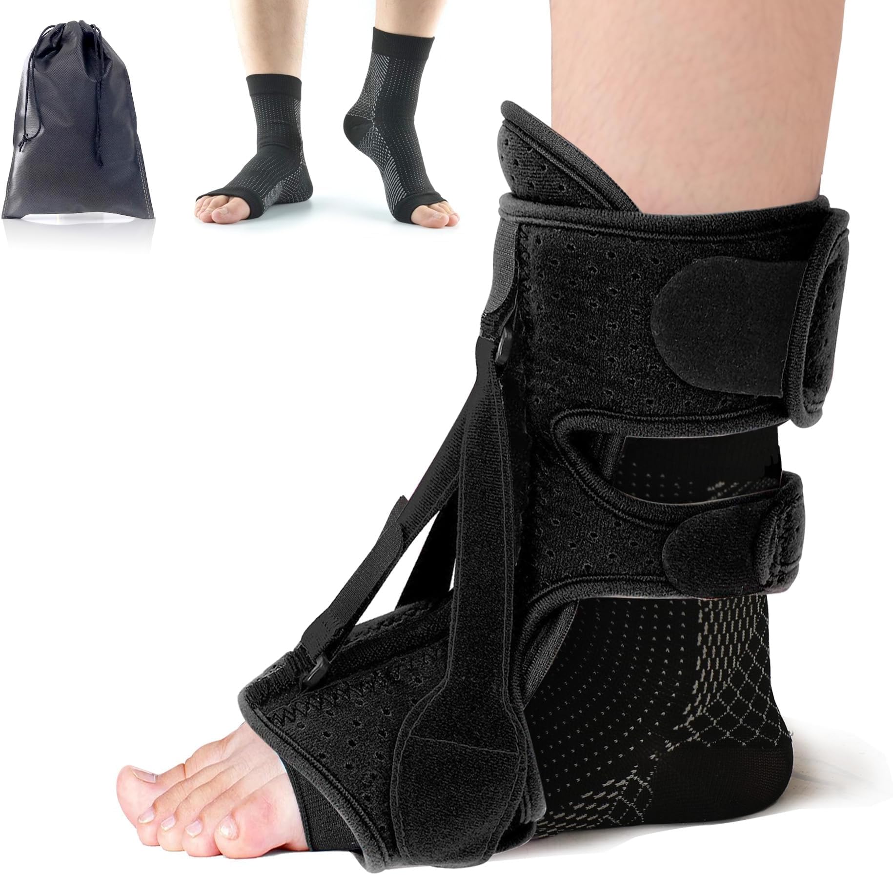 Plantar Fasciitis Night Splint with 3 Adjustable Straps and 2 Fasciitis Socks, Pain Relief for Foot Drop, Heel Spur, Achilles Tendonitis Day&Night, Comfortable Brace for Women & Men (Black)
