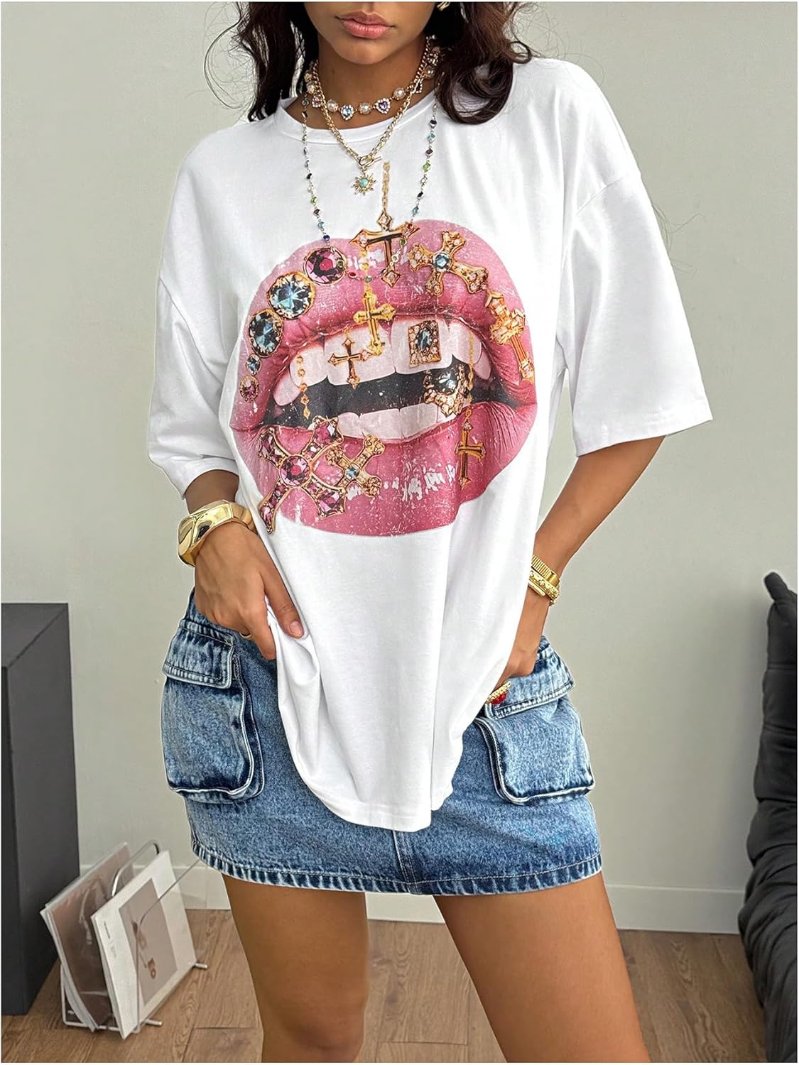 SweatyRocks Women's Y2K Lip Graphic Tees Crew Neck Half Sleeve Oversized T Shirts Streetwear Tops - Image 2