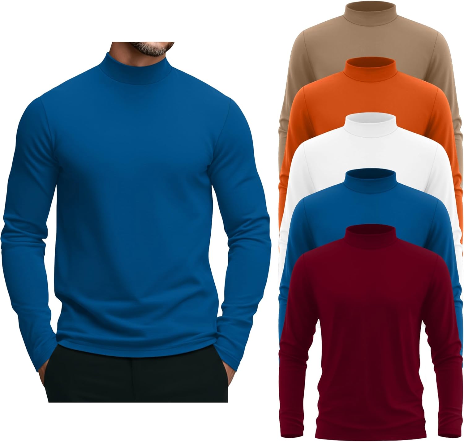5 Pack Men's Mock Turtleneck Shirts, Long Sleeve Tops Pullover Basic Casual Slim Fi...