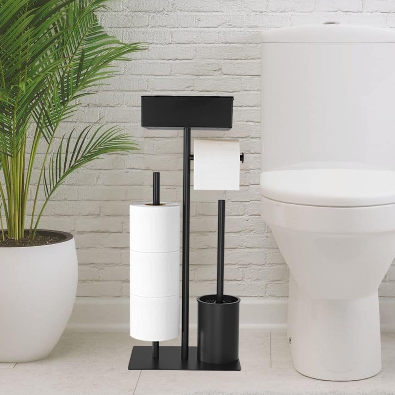 GUIGUZI stojak na papier toaletowy stojący ze szczotką toaletową – uchwyt na papier toaletowy ze stali nierdzewnej z pudełkiem na wilgotne chusteczki – zestaw WC z uchwytem na papier toaletowy stojący