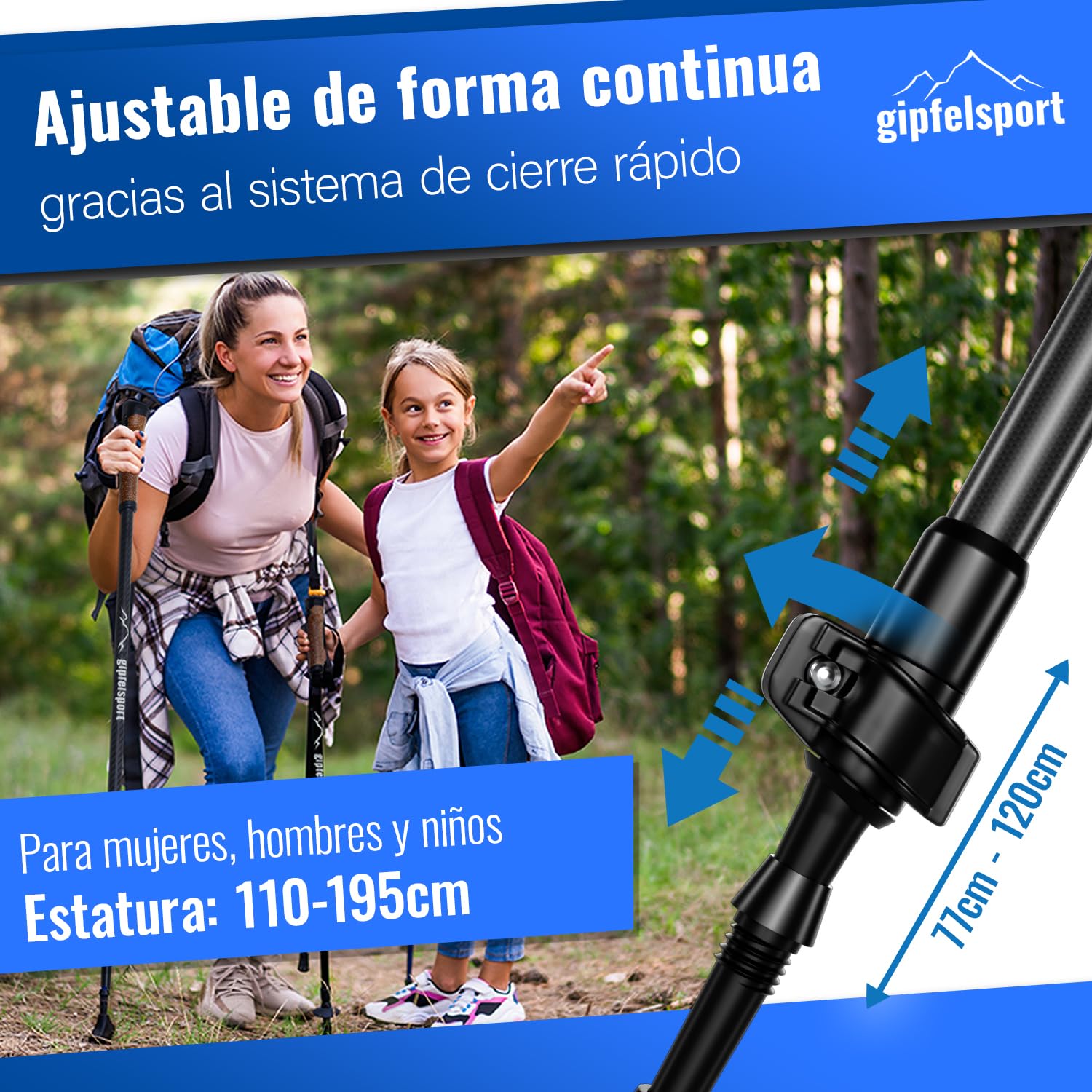 Gipfelsport Bastones de Marcha Nórdica de Carbono y Aluminio - Telescópicos Ajustables para Hombre y Mujer | Bastones de Senderismo de 77 cm - 120 cm