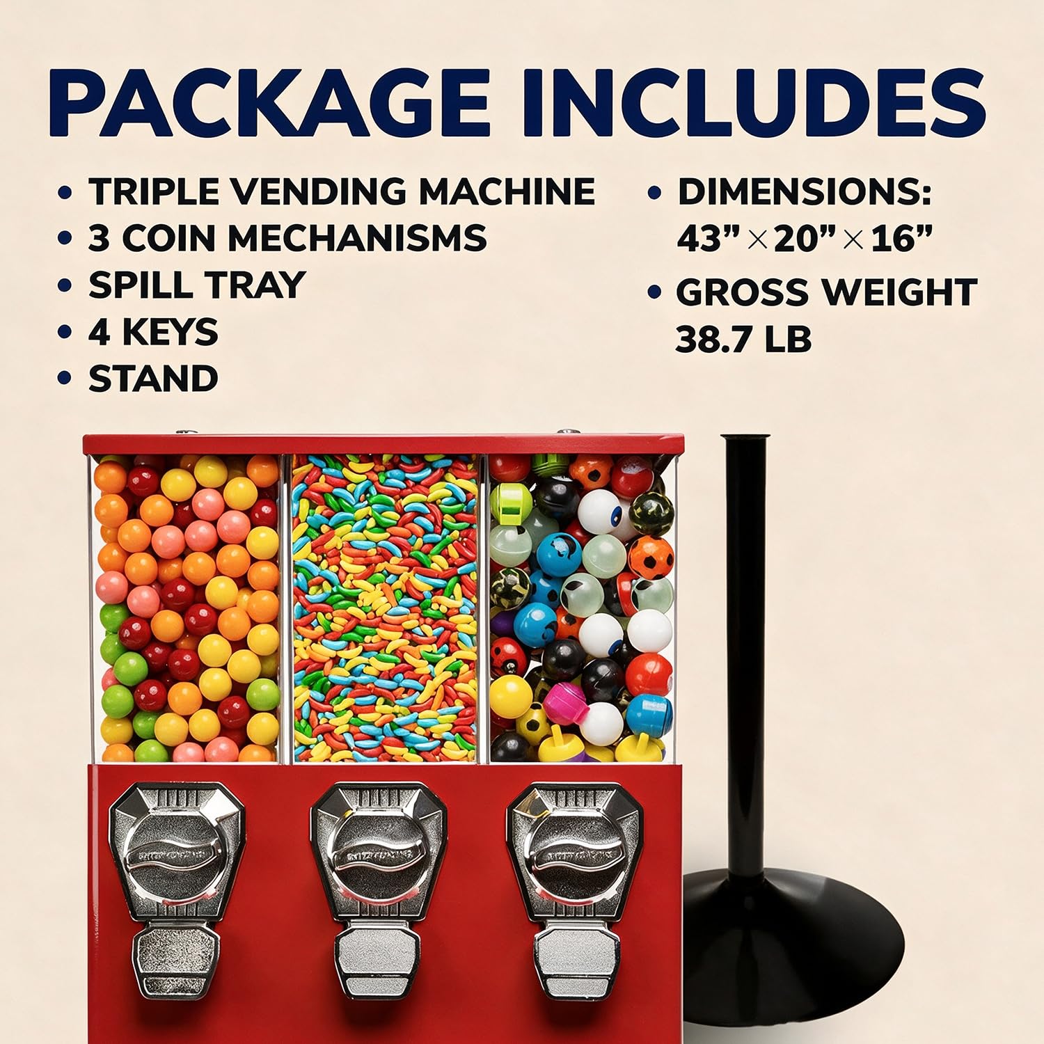 Münzbetriebener Spender für Bonbons und Kapseln Spielhallen & Läden Yellow | Robuste Metall-Automat Mit 3 Fächern,Diebstahlschutz, Münzen Bis 30 Mm,Kaugummi, Bonbons,Kapselspielzeug,Läden & Spielhallen