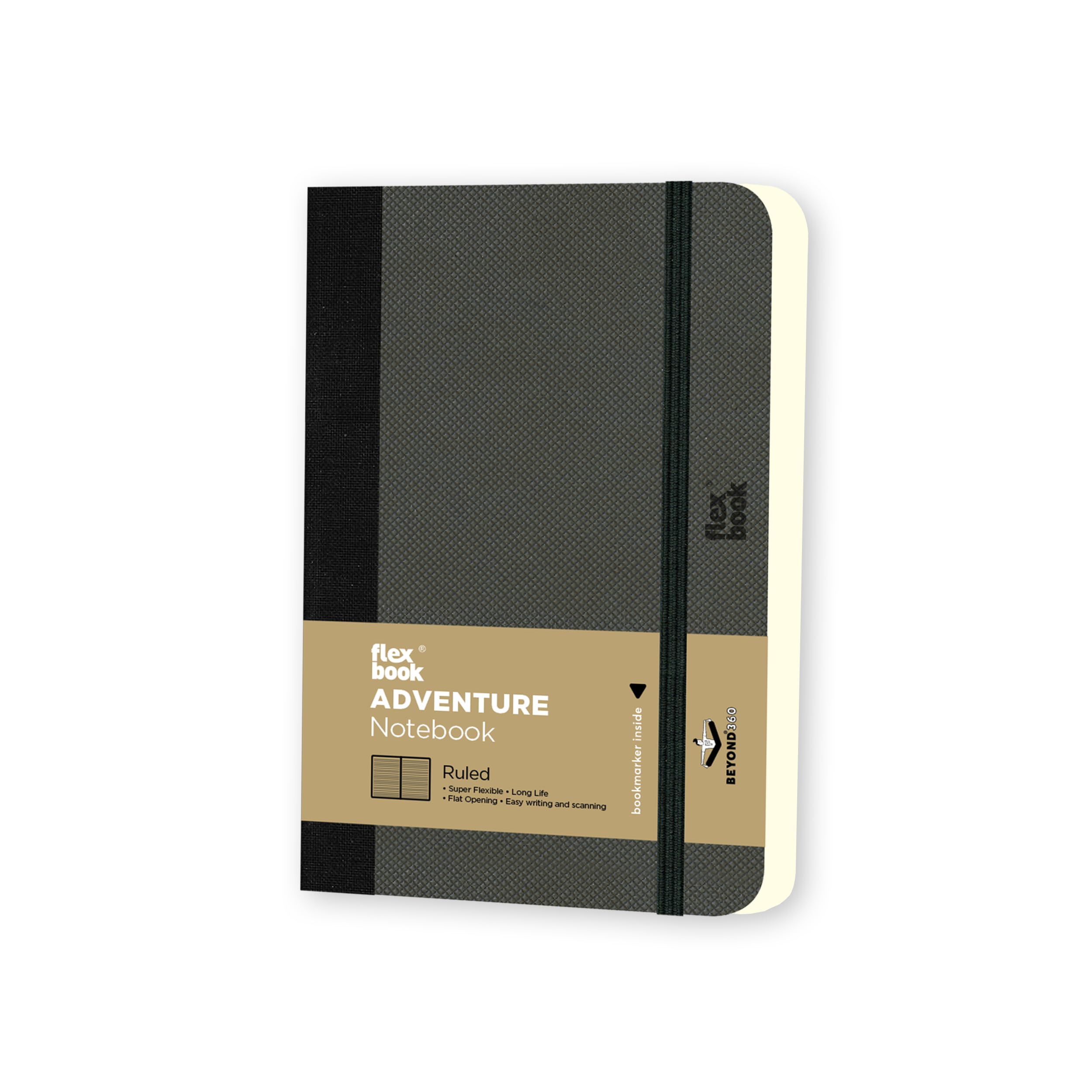 Flexbook Adventure Notebook Ruled Off-Black | Pocket | 9x14cm - A6 (Minus) | 192 pages | 85gsm Fabriano Ivory Paper | Fine Textured Cover | Elastic Band Closure | Bookmark included | Inner paper pocket
