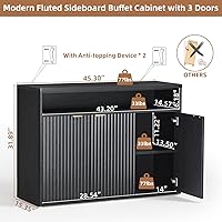 Vista 2 de LEYAOYAO Fluted Buffet Cabinet with Storage, 45" Wide Wood Sideboard Credenza with 3 Doors & Open Storage Shelf, Modern Kitchen Console Accent