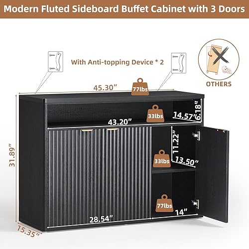 Miniatura 2 de LEYAOYAO Armario de buffet estriado con almacenamiento, aparador de madera de 45 pulgadas de ancho con 3 puertas y estante de almacenamiento