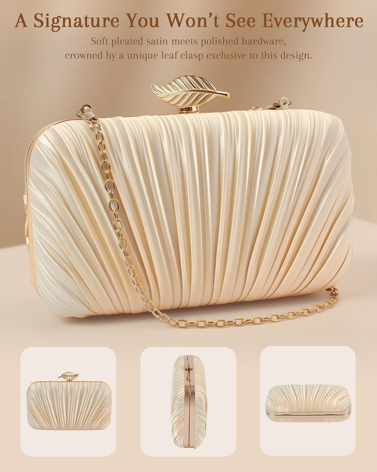 Gold Clutch Evening Bags for Women - Champagne Pleated Satin Purse, Formal Wedding Handbag with Scalloped Fan Clasp