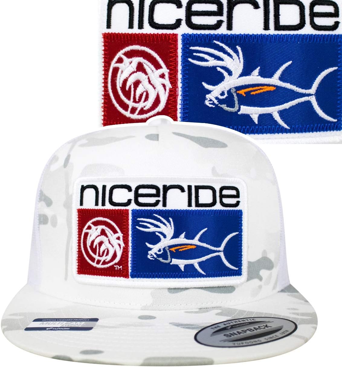 Buck-Eye Combo Patch Unisex Adjustable Snapback Trucker Baseball Hat - Perfect for Fishing and Outdoors - Embroidered Logo (Alpine Camo White)