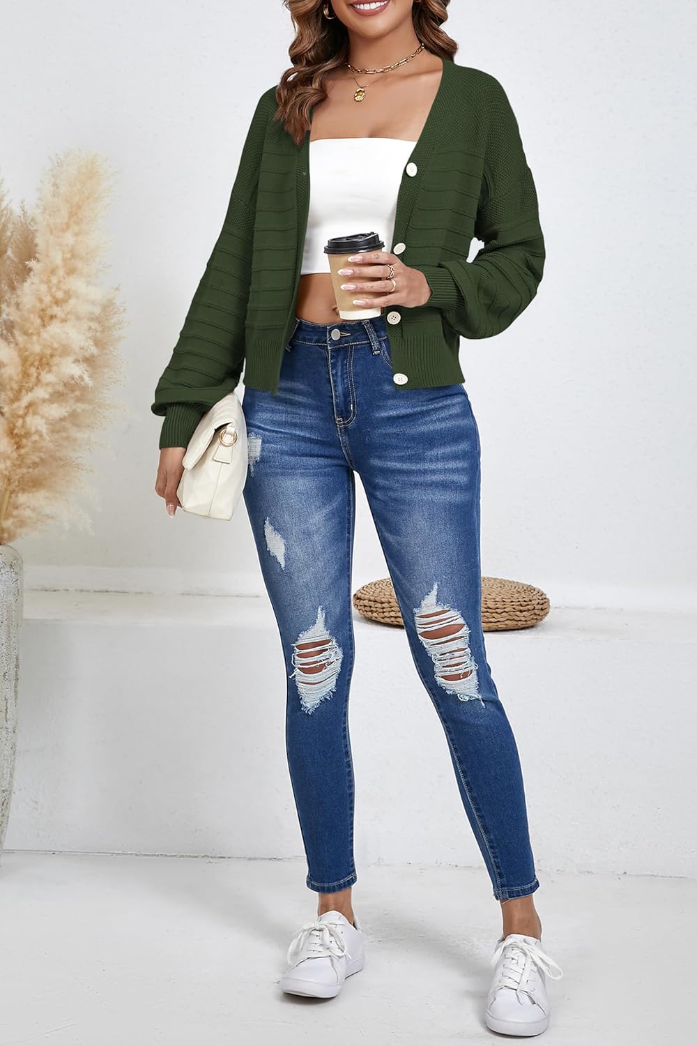 Women's Cropped Cardigan Lightweight Button Down V Neck Knit Dressy Casual Short Cardigan Sweaters - Image 5