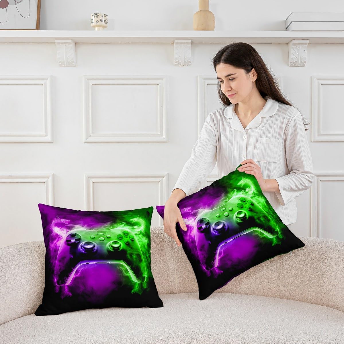 Purple Green Dragons Throw Pillow Covers Set of 2 Boys Gaming Gamepad Cushion Covers for Couch Sofa Video Games Decorative Pillowcases Mythical Animal Dragon Outdoor Pillows Covers,24"x24"