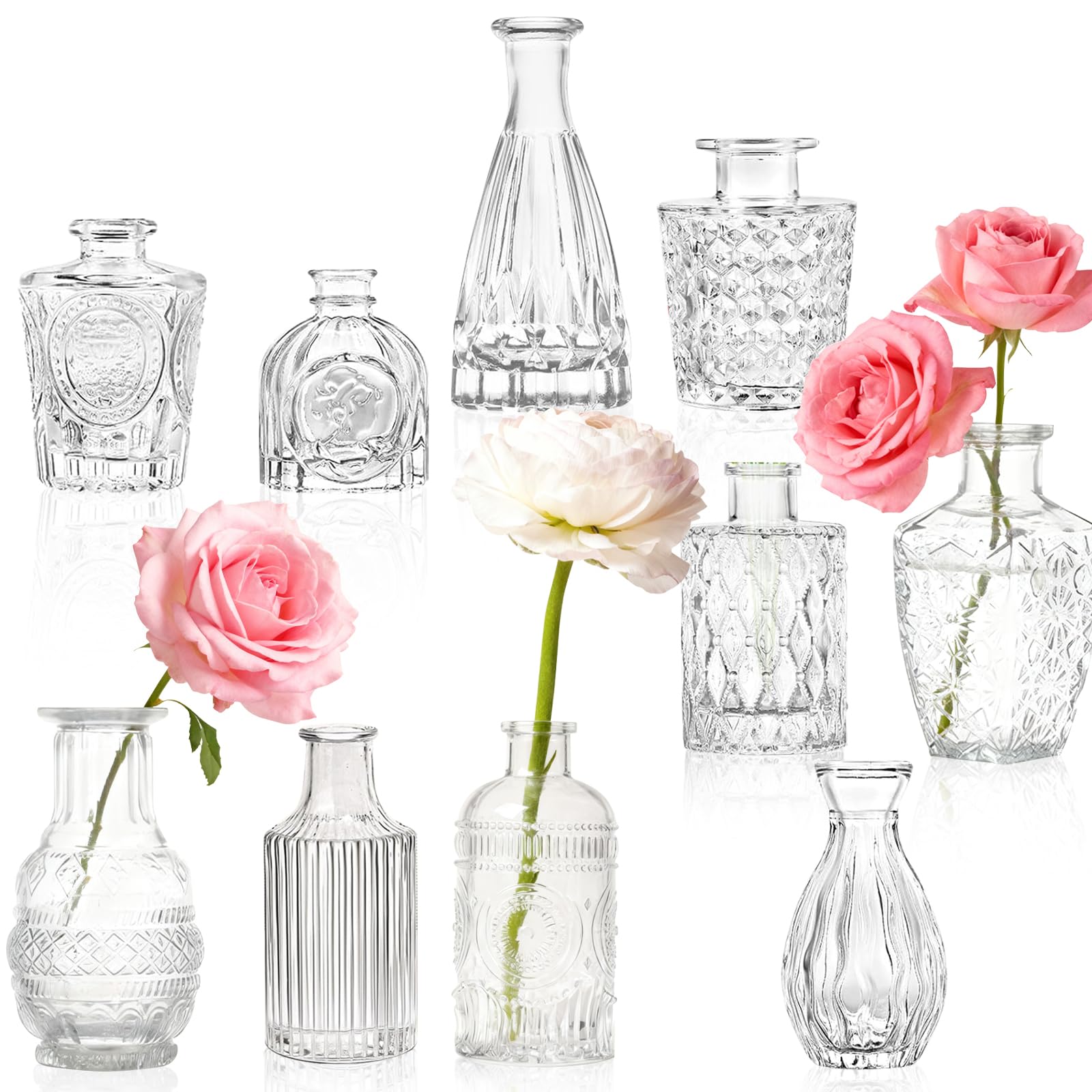 10 Pcs Vintage Glass Bud Vases Set, Small Mini Bottle Vases for Flowers, Assorted Sizes & Styles for Wedding Centerpieces, Table, Home, Party, Hotel, Restaurant Decor, Floral Arrangements, Gift Idea