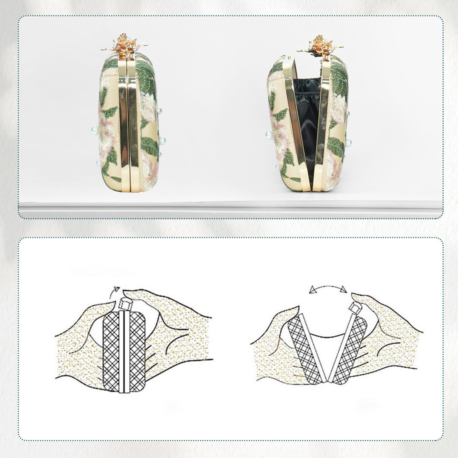 Bolso de Noche para Mujer, Bolso de Mano con Bordado Floral, Perla Clutch de Cóctel con Cadena, Bolso de Hombro Jacquard para Boda, Fiesta