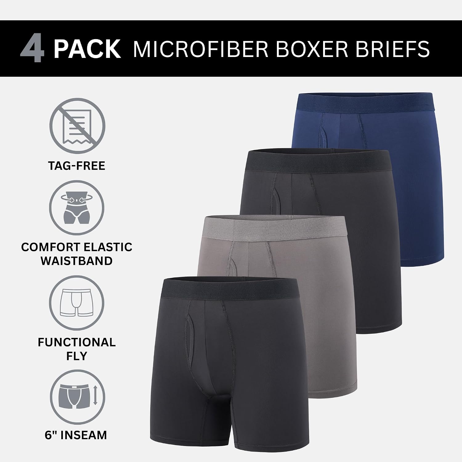 Mens Boxer Briefs Pack of 4 Microfiber Boxers for Men Tagless, Moisture Wicking, Breathable Mens Underwear